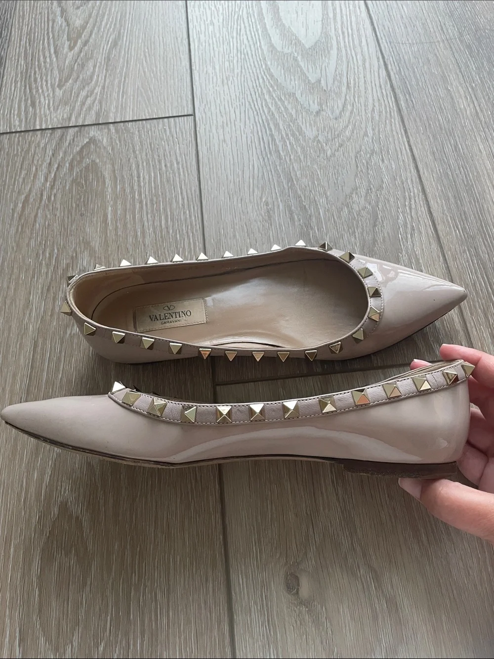 Valentino Garavani rockstud blush nude & gold ballet flats